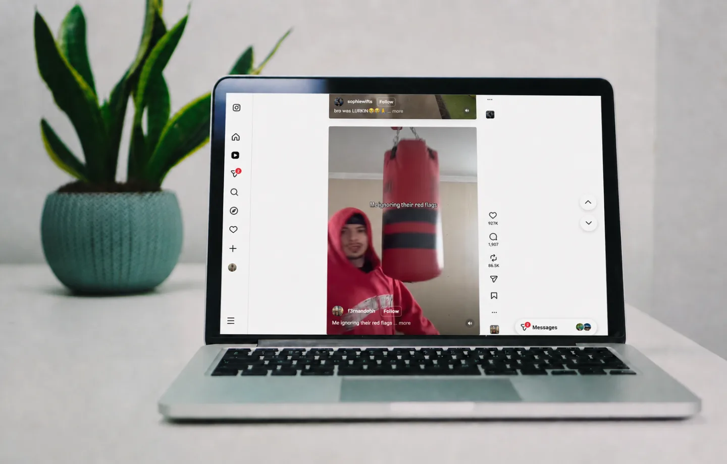 A laptop screen showing the Instagram Reels viewer in a desktop browser — the surface Nope's Chrome extension removes.